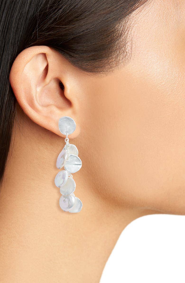 Coin & Pearl Chandelier Drop Earrings - Silver