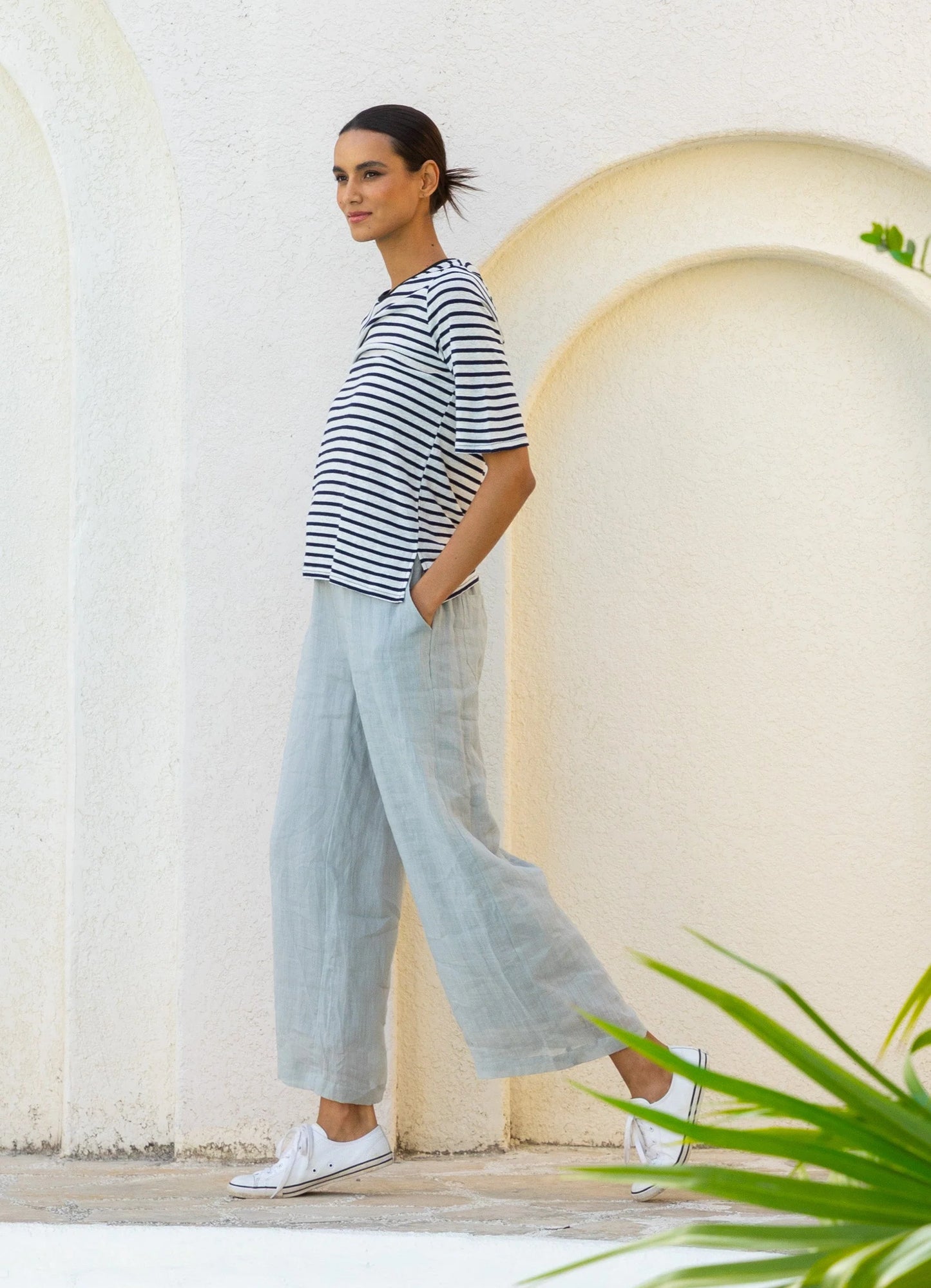 Linen Tee - Navy Stripe