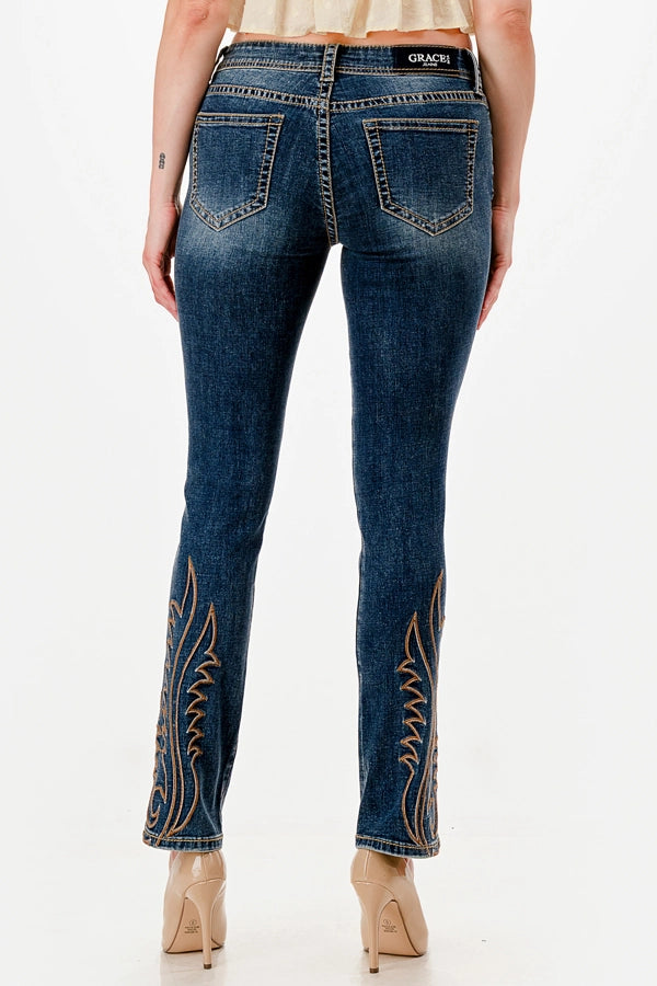 Grace in LA Flame Stitch Detail Straight Leg Jeans