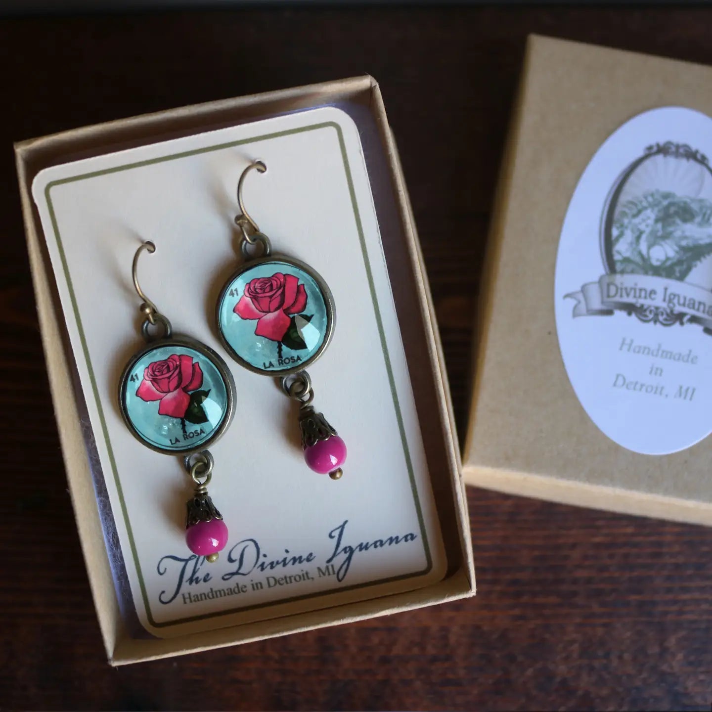Loteria La Rosa Pink Rose Glass Cabochon Earrings
