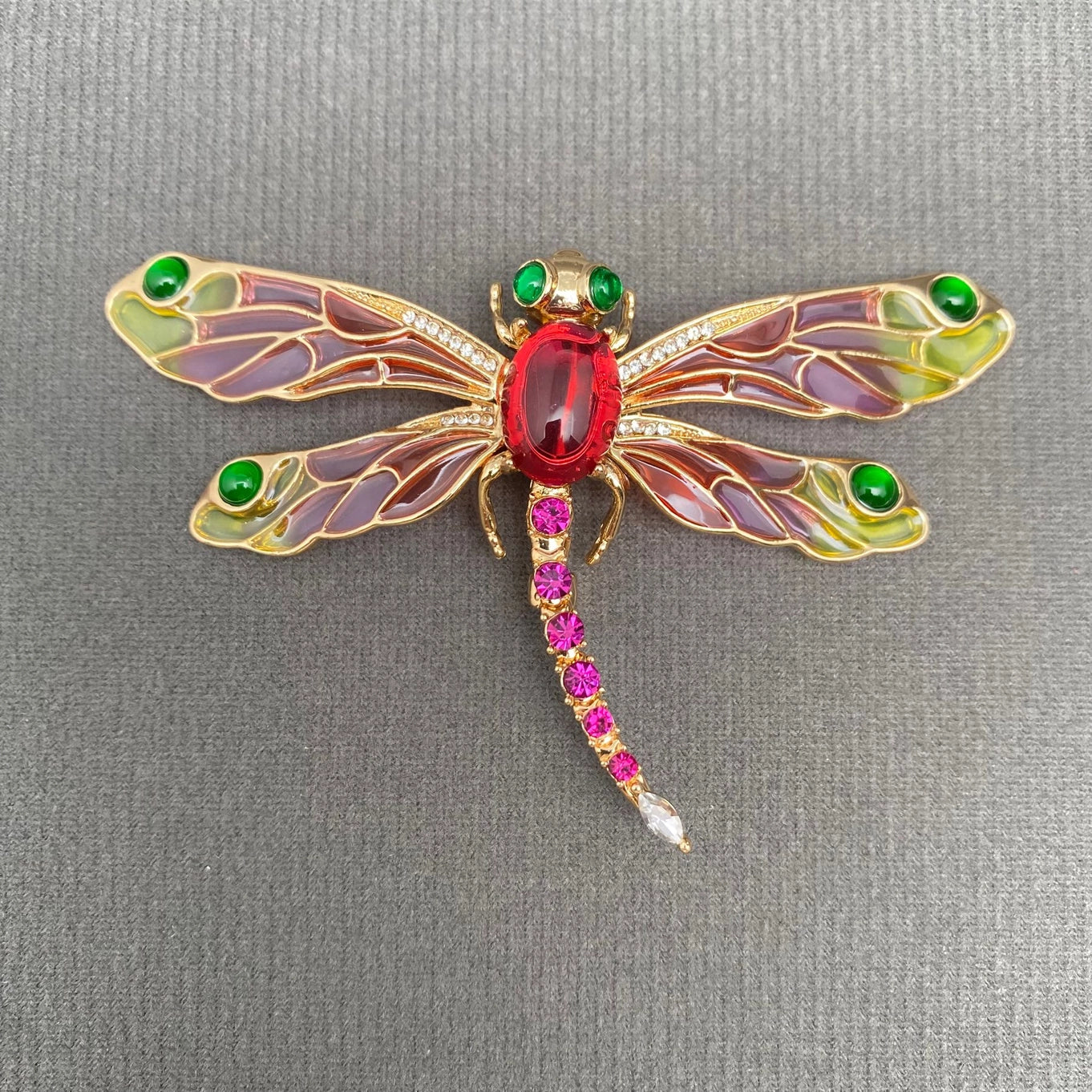 Rhinestone Enamel Dragonfly Brooch - Red