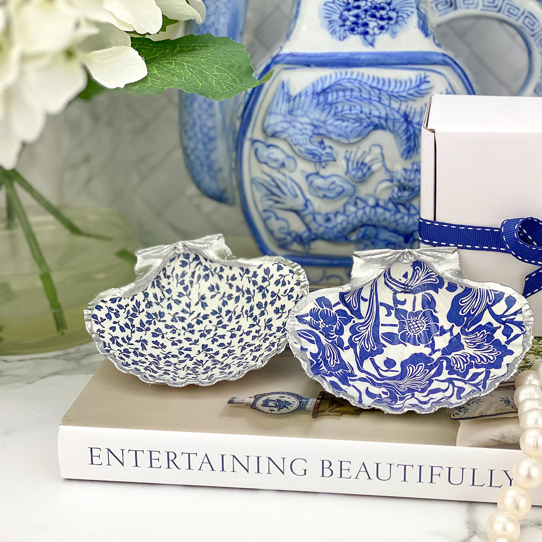 Navy Floral Scallop Shell – Silver