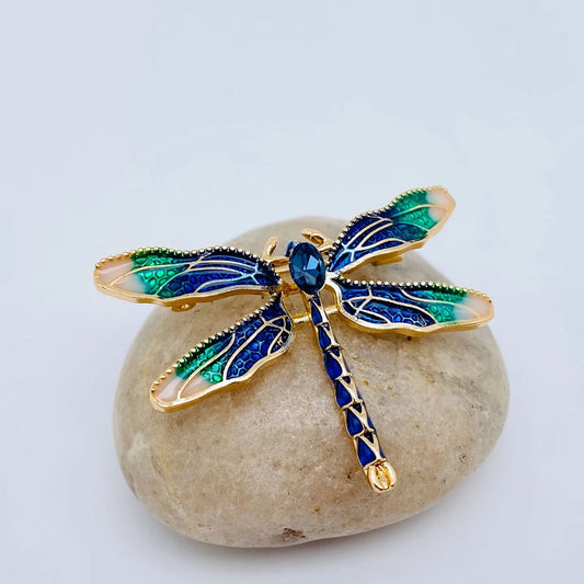 Rhinestone Enamel Dragonfly Brooch - Blue