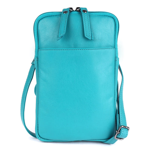 Cleo Turquoise Leather Phone Crossbody Bag