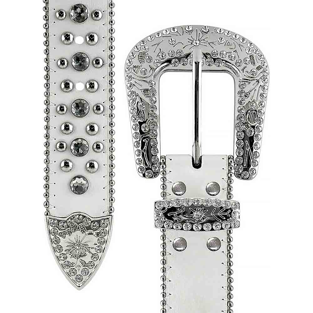 White Fleur De Lys with Studs and White Stones Studded Rhinestones Belt
