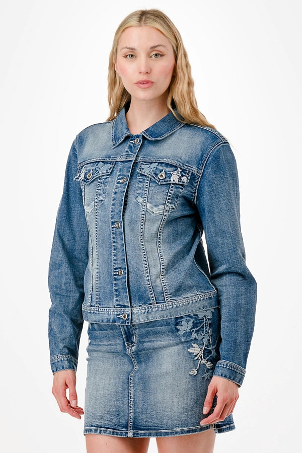 Elegant Floral Embroidery Detail Denim Jacket