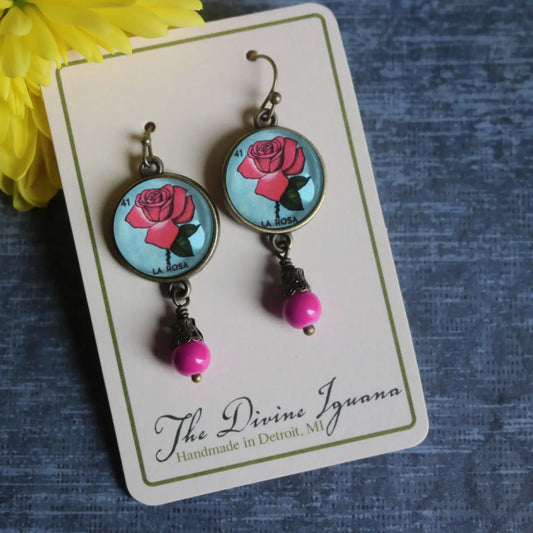 Loteria La Rosa Pink Rose Glass Cabochon Earrings