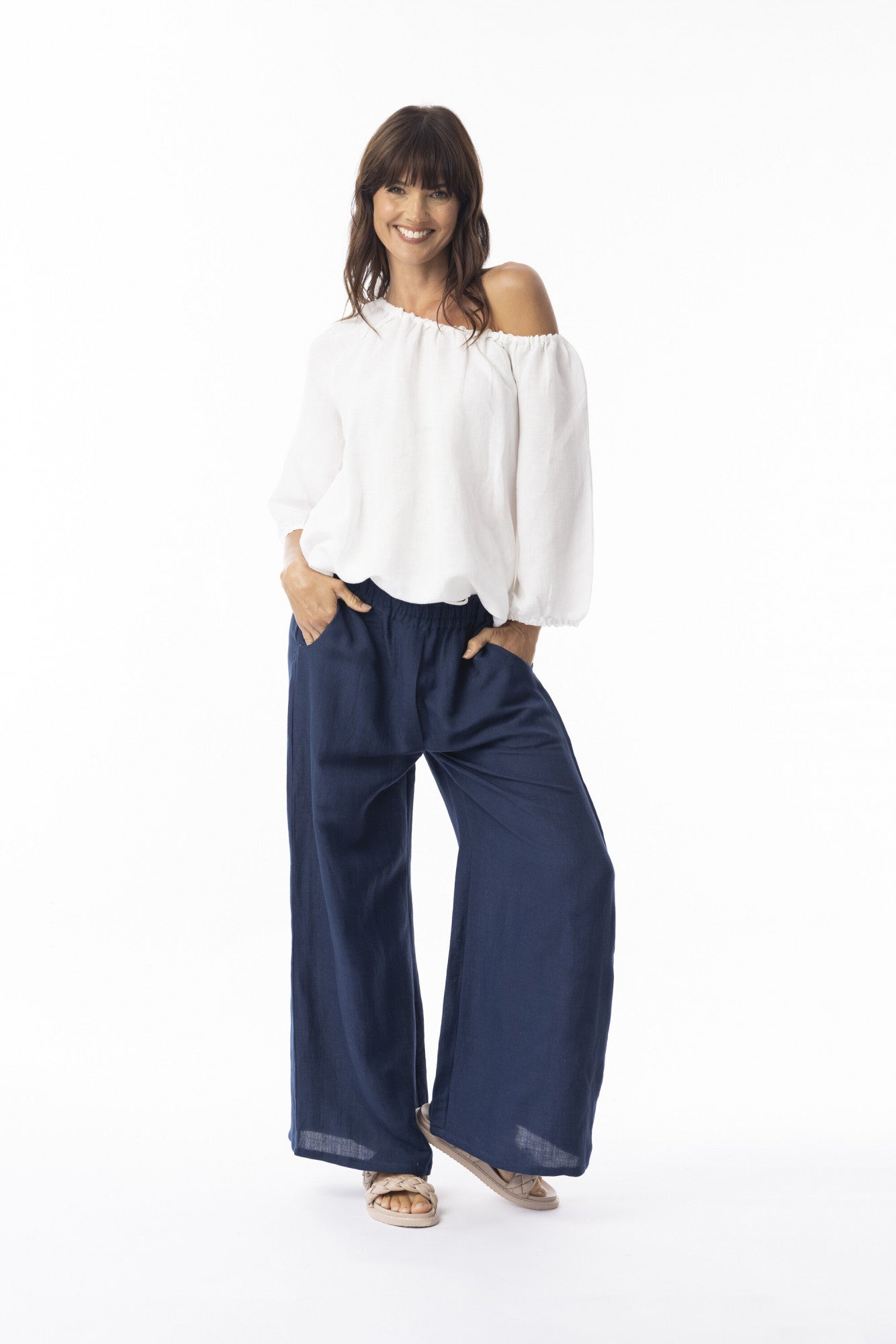 Linen Solid Pant Wide Leg - Navy