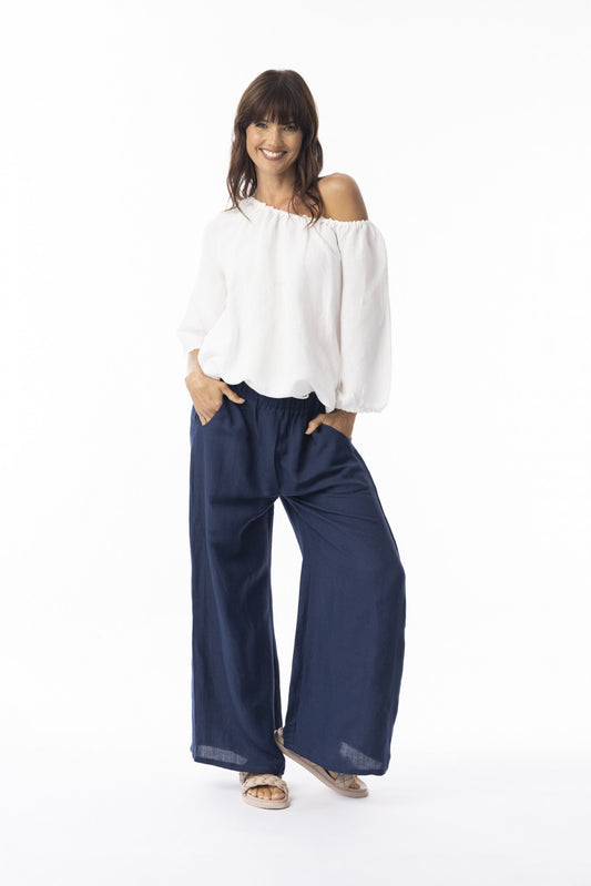 Linen Solid Pant Wide Leg - Navy