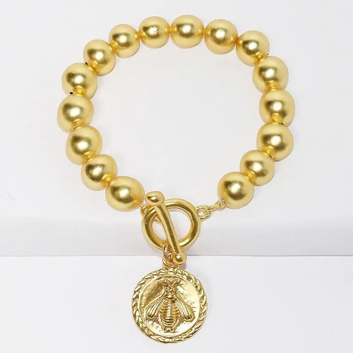 Beaded Chain Bracelet with Bee Charm Dangle - Gold