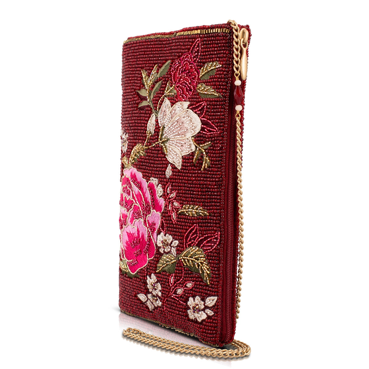 Eastern Bloom Burgundy Floral Hand-Beaded Crossbody Bag