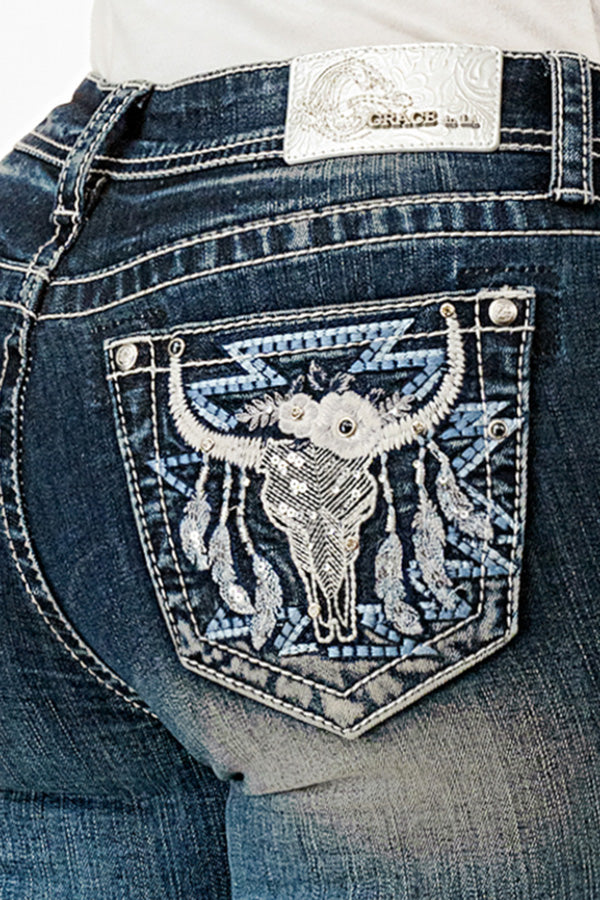 Grace In LA Feather Steer Head Mid-Rise Boot Cut 34"