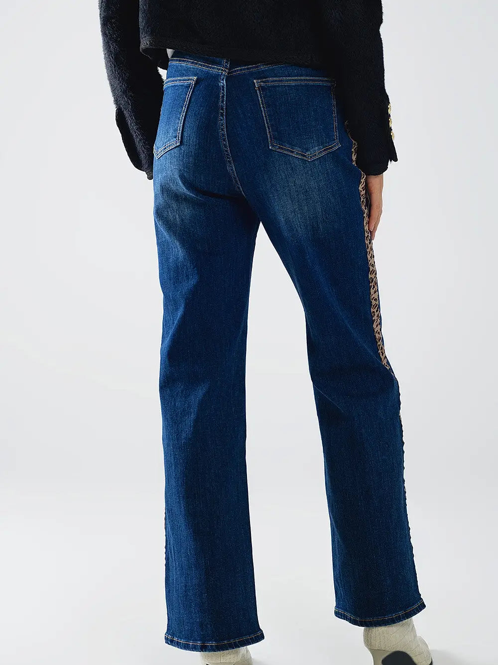 Wide Leg Jeans with Leopard Stripe On Side