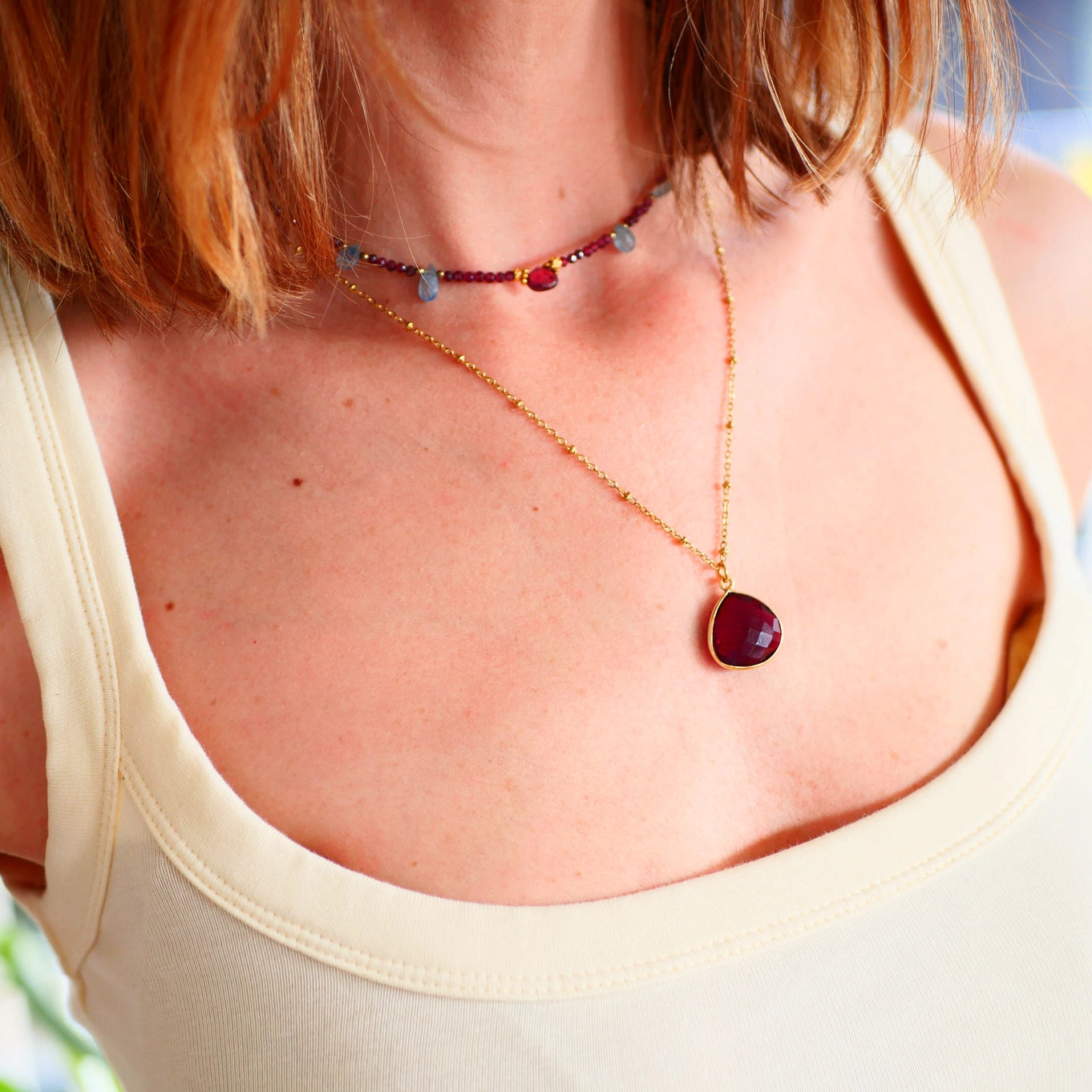 Sagara Necklace · Garnet and Aquamarine