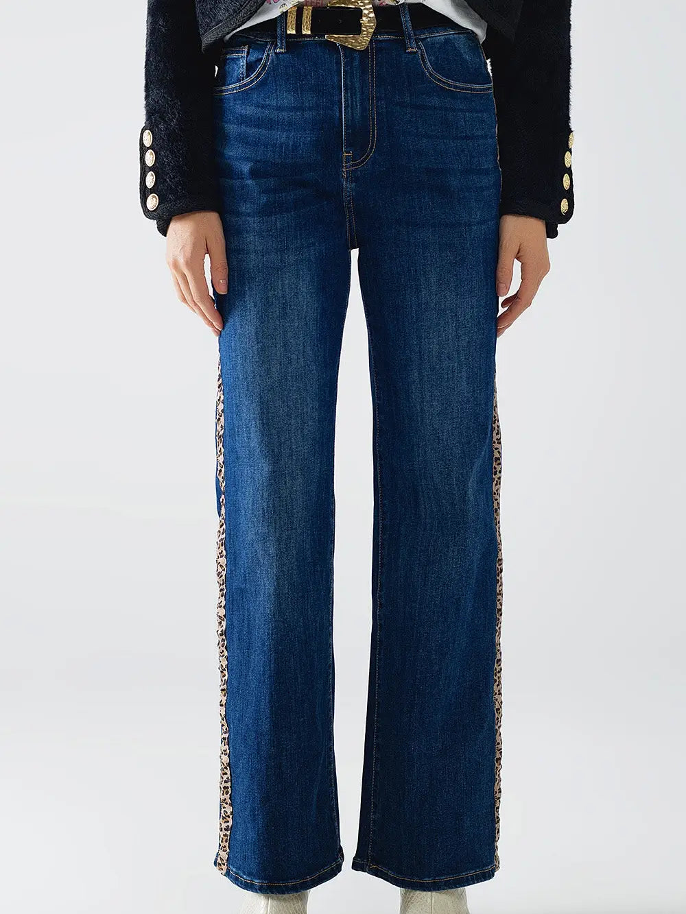 Wide Leg Jeans with Leopard Stripe On Side