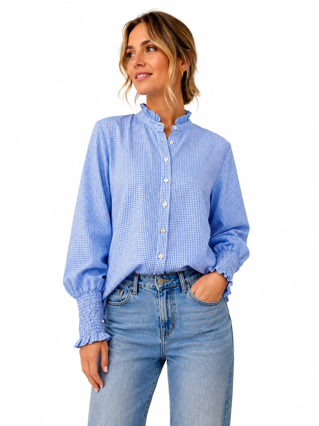 Mollie Small Check Gingham Shirt - Blue