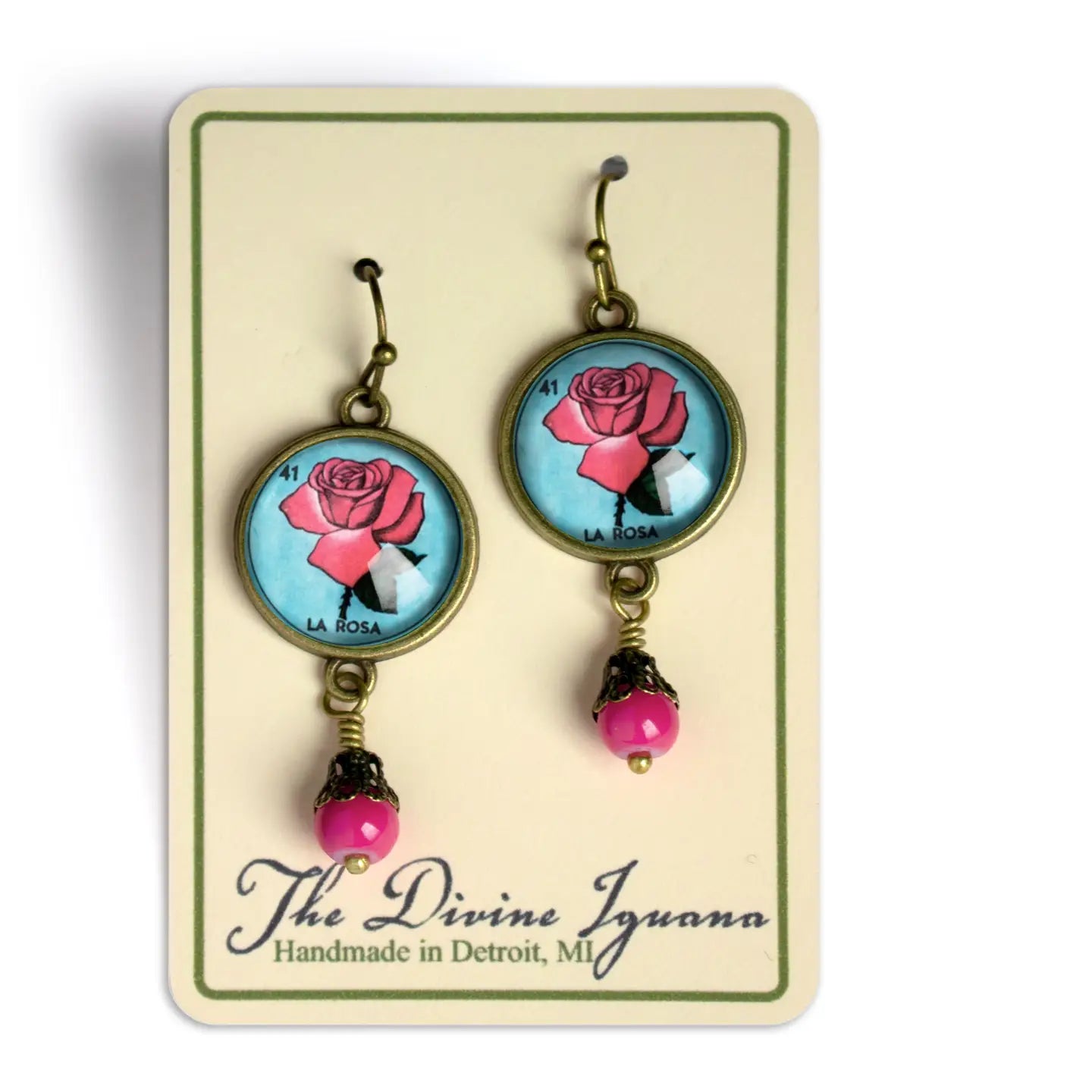 Loteria La Rosa Pink Rose Glass Cabochon Earrings