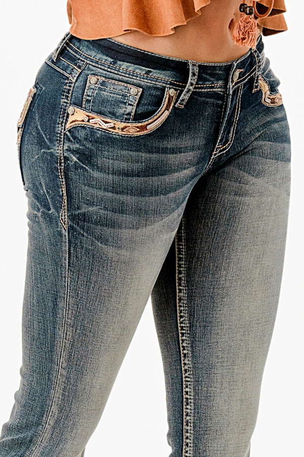 Grace In LA Horse Hide Faux Pocket Mid-Rise Boot Cut 32"