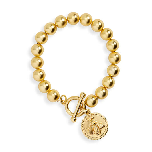 Beaded Chain Bracelet with Bee Charm Dangle - Gold