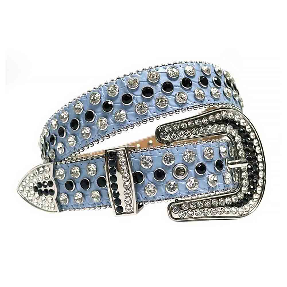 Sky Blue Strap with Black and Sparkling White Studded Rhinestone Belt