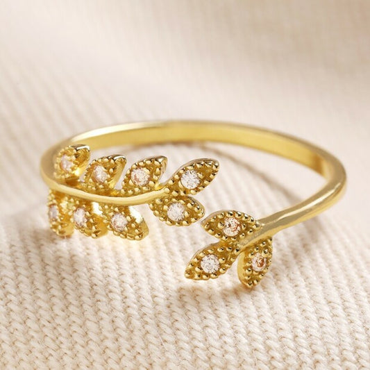 Adjustable Sterling Silver Crystal Fern Leaf Ring Gold