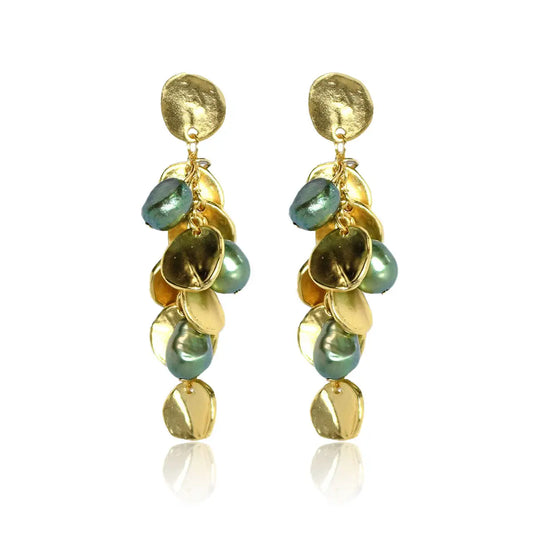 Chic Coin & Green Pearl Chandelier Drop Earrings