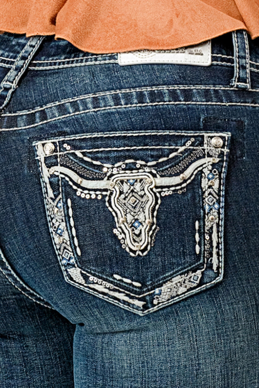 Silver Steer Head Mid-Rise Boot Cut Jeans 34"