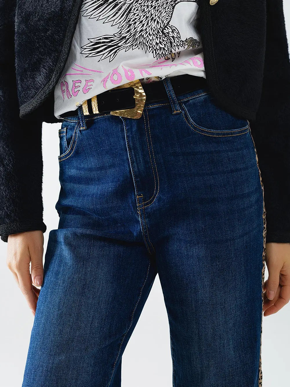 Wide Leg Jeans with Leopard Stripe On Side