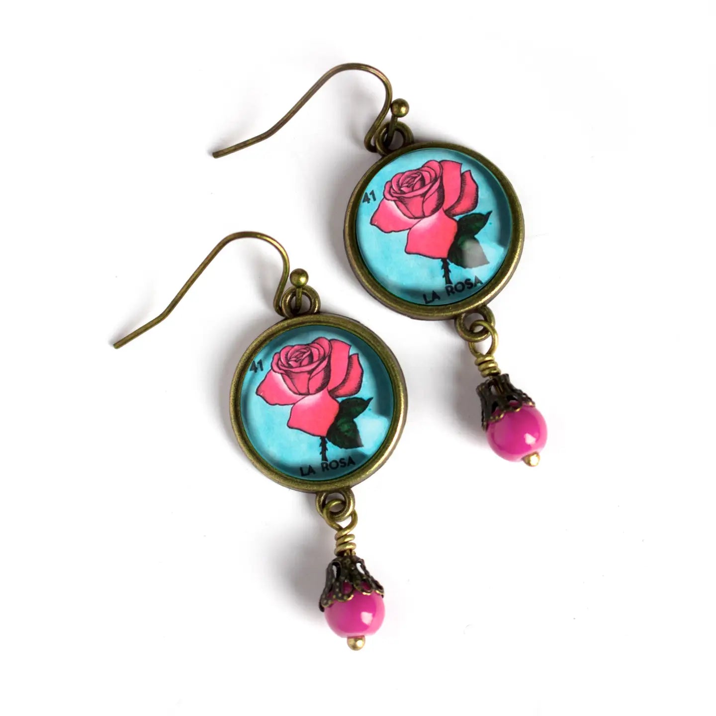 Loteria La Rosa Pink Rose Glass Cabochon Earrings