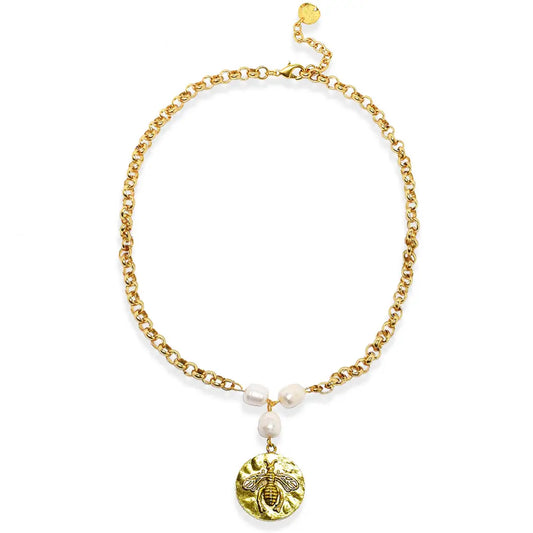 Large Bee Pendant and Fresh Water Pearl Necklace - Gold