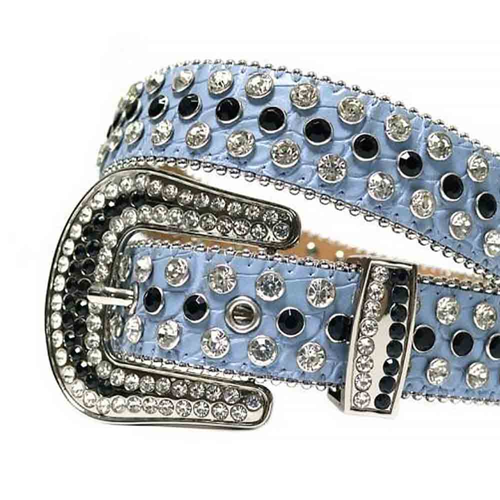 Sky Blue Strap with Black and Sparkling White Studded Rhinestone Belt