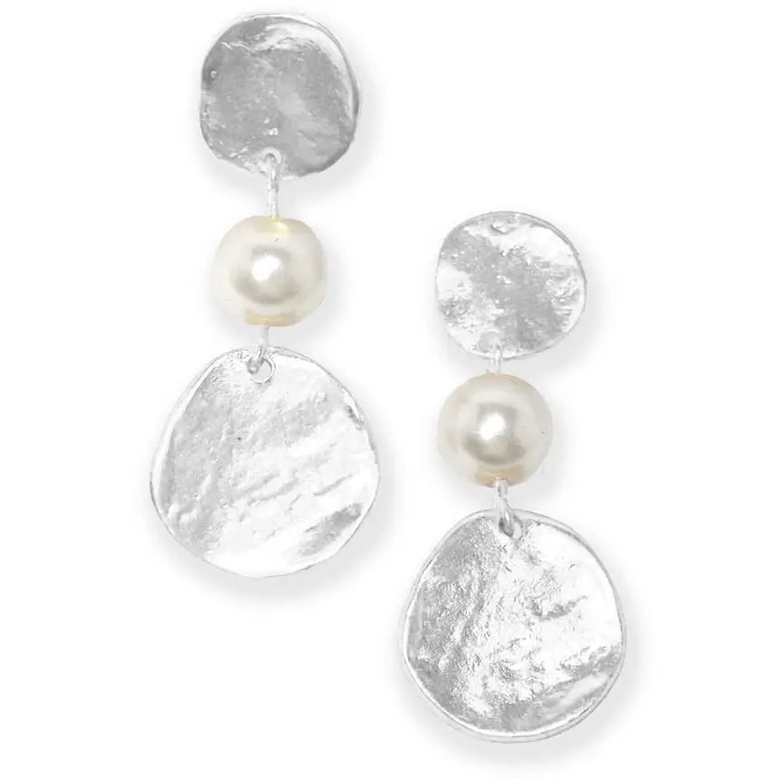 Textured Coin and Pearl Linear Drop Earring