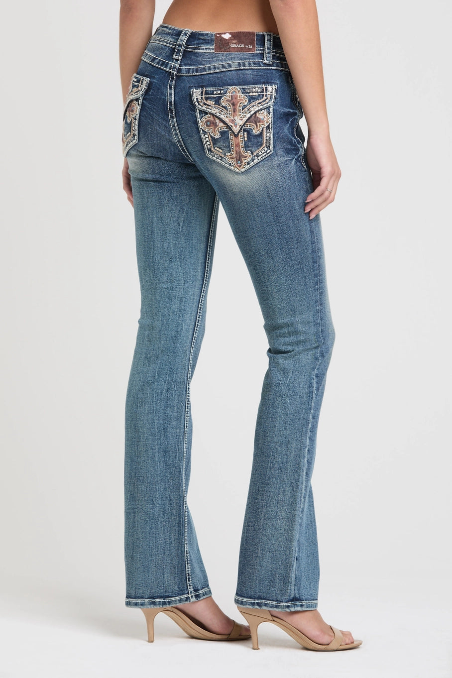 Cross/Horse Hide Detail Mid-Rise Boot Cut Jeans 34"