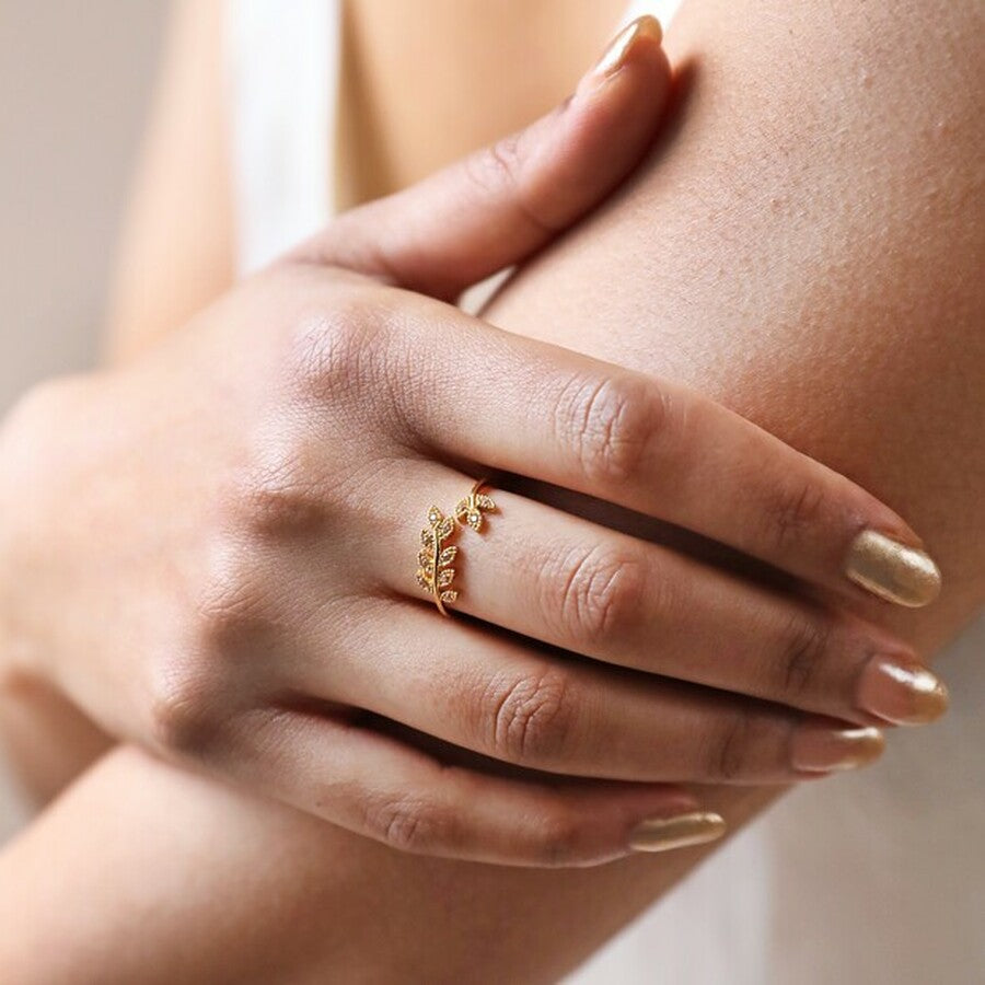 Adjustable Sterling Silver Crystal Fern Leaf Ring Gold