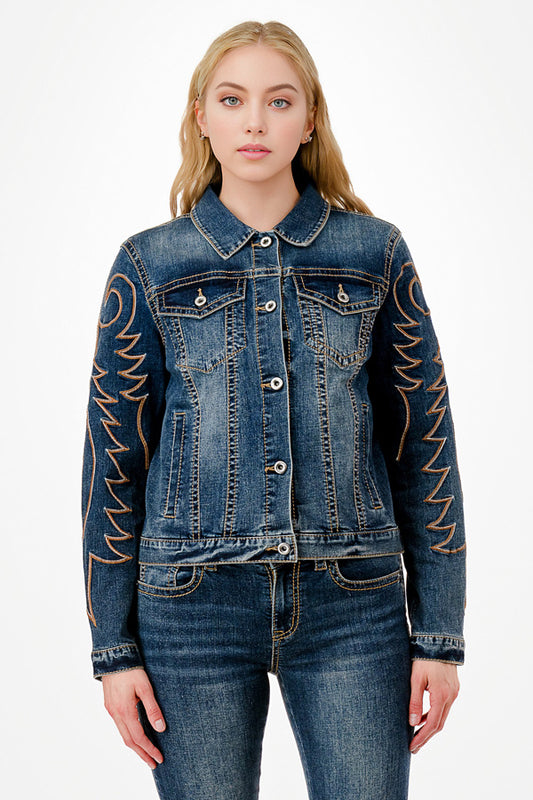 Flame Stitch Embroidery Denim Jacket