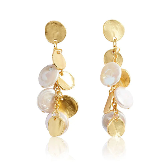 Coin & Pearl Chandelier Drop Earrings - Gold