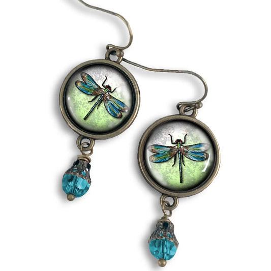 Dragonfly Vintage Inspired Glass Cabochon Earrings