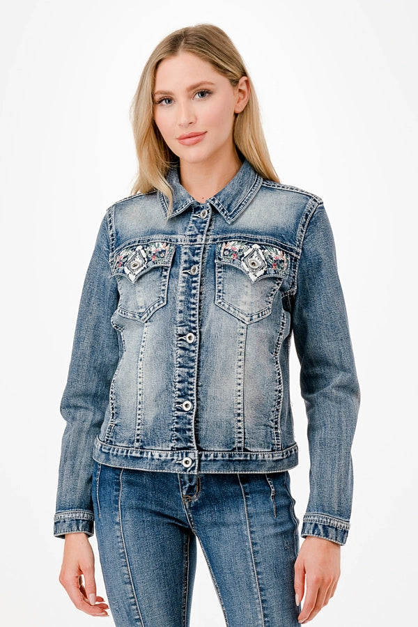 Steer Head Floral Embroidery Detail Denim Jacket