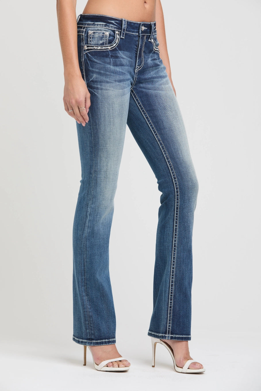 Grace In LA Wing Faux Flap Mid-Rise Boot Cut Jeans 32"