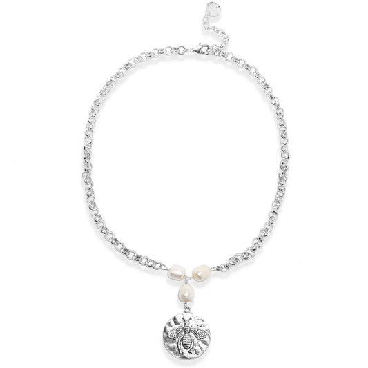 Large Bee Pendant and Fresh Water Pearl Necklace - Silver