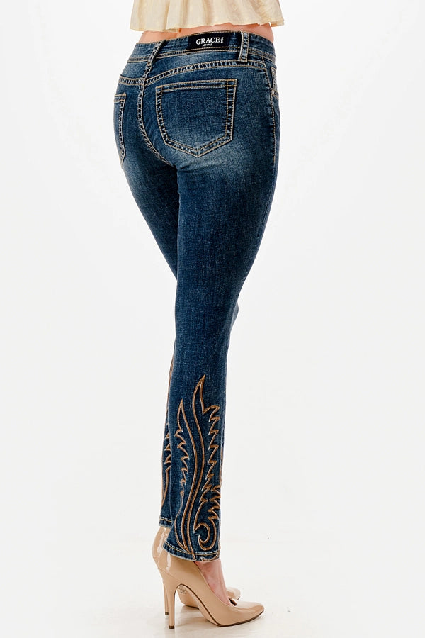 Grace in LA Flame Stitch Detail Straight Leg Jeans