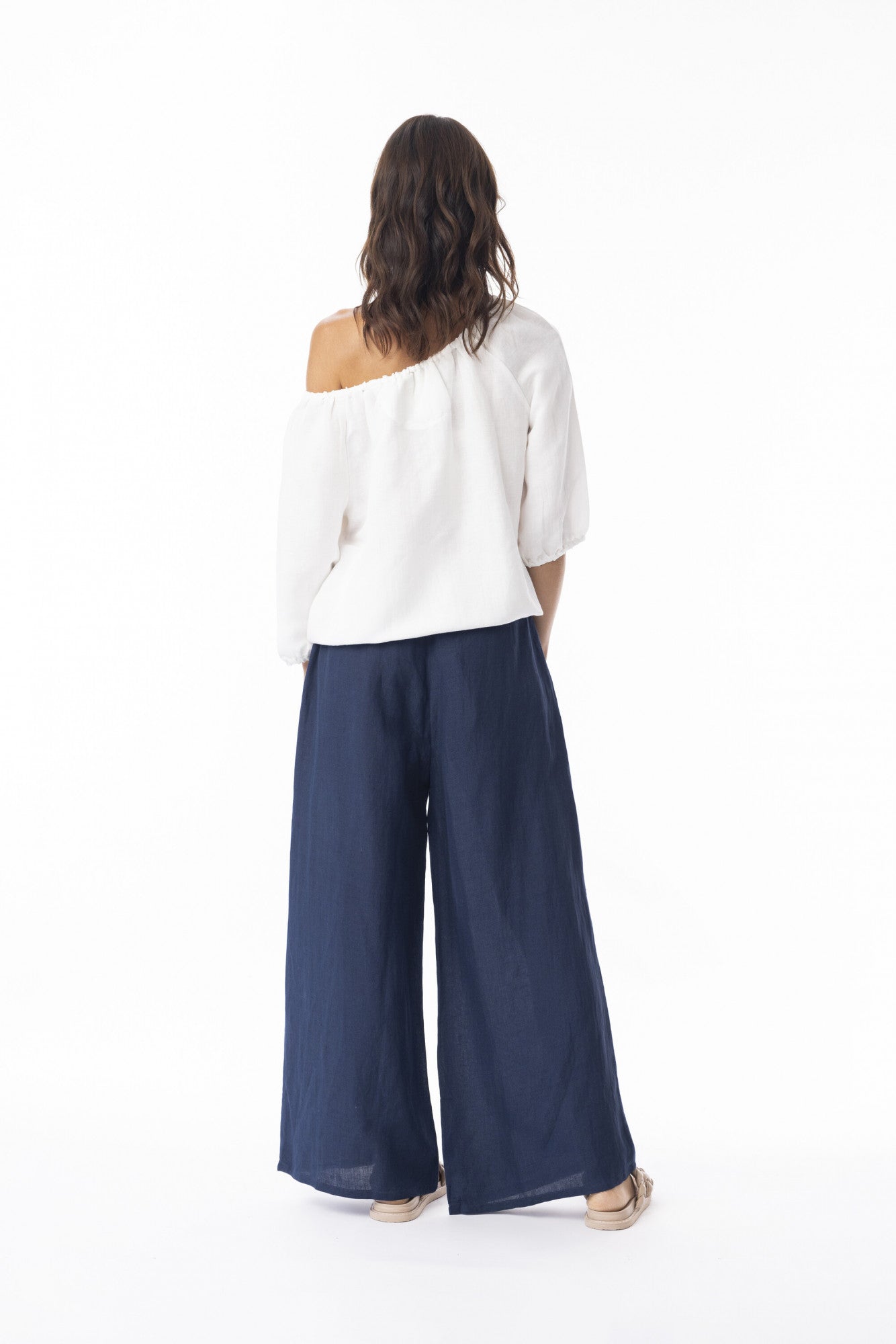 Linen Solid Pant Wide Leg - Navy