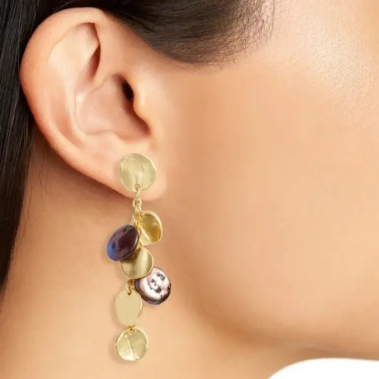 Elegant Coin & Black Pearl Chandelier Earrings - Gold