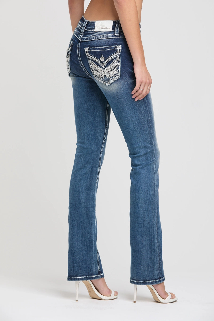 Grace In LA Wing Faux Flap Mid-Rise Boot Cut Jeans 32"