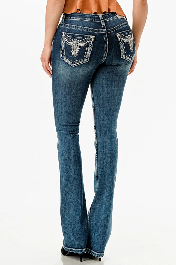 Silver Steer Head Mid-Rise Boot Cut Jeans 34"