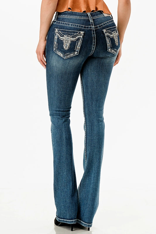 Silver Steer Head Mid-Rise Boot Cut Jeans 34"