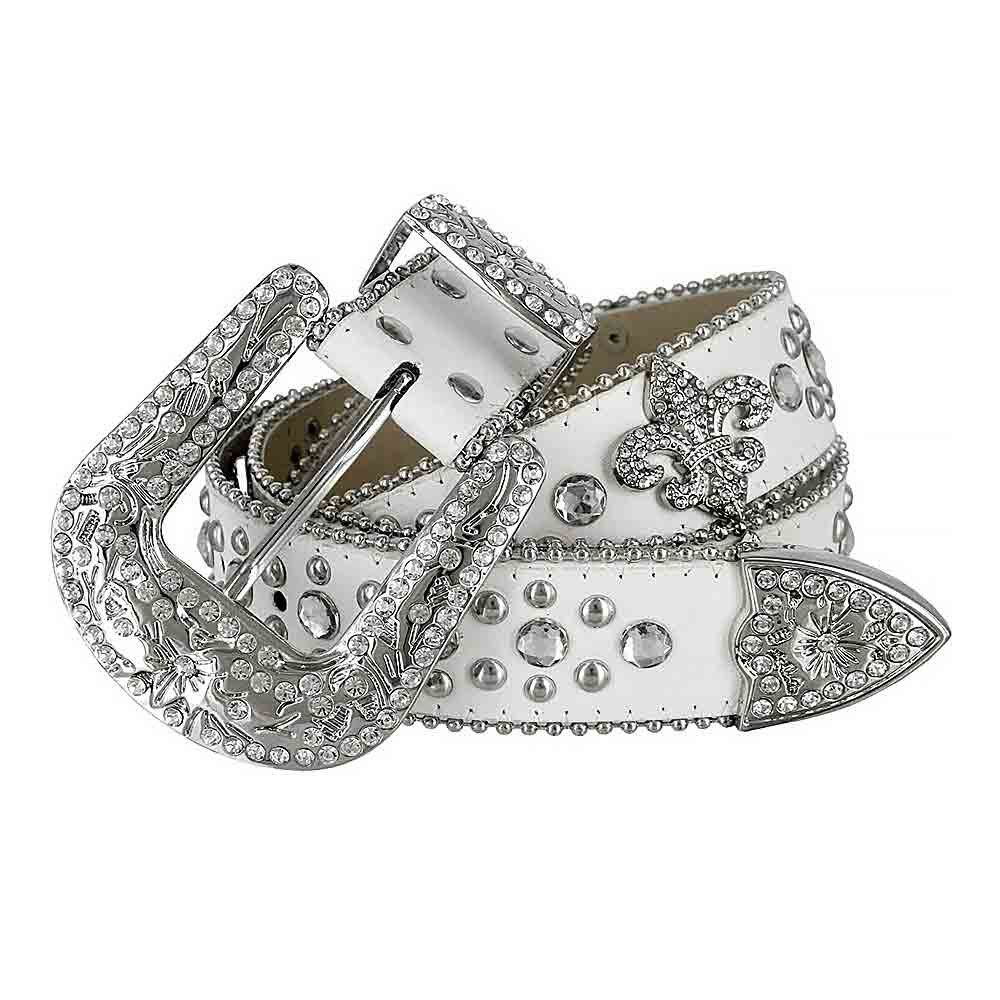 White Fleur De Lys with Studs and White Stones Studded Rhinestones Belt