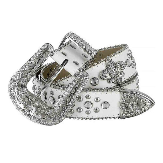 White Fleur De Lys with Studs and White Stones Studded Rhinestones Belt