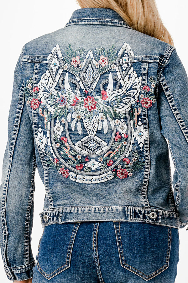 Steer Head Floral Embroidery Detail Denim Jacket