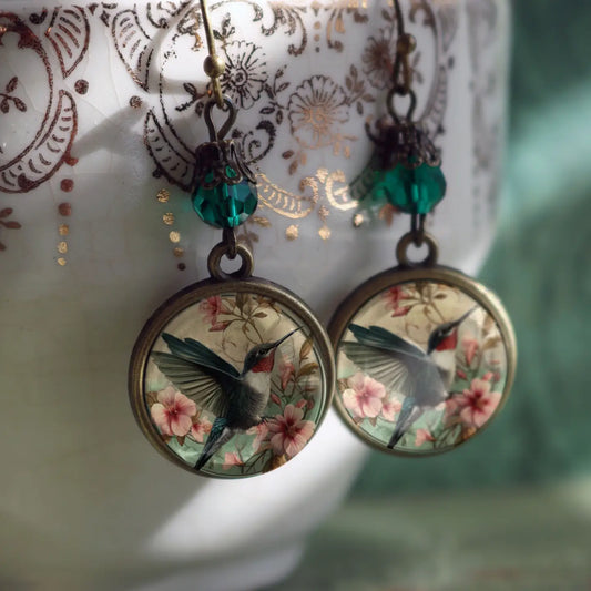 Hummingbird Art Nouveau Glass Cabochon Earrings